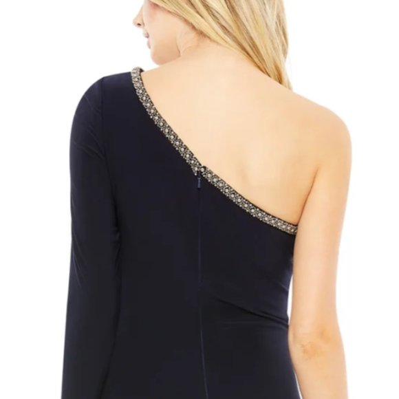 MAC DUGGAL 26039 DRAPED ONE SLEEVE THIGH SLIT NAVY JERSEY STRETCH GOWN SZ 10 - Picture 5 of 7